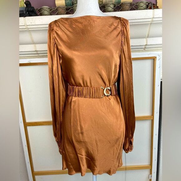 Shona Joy BNWT Copper Satin Dress w/ low open back that ties & matching belt - Picture 1 of 13